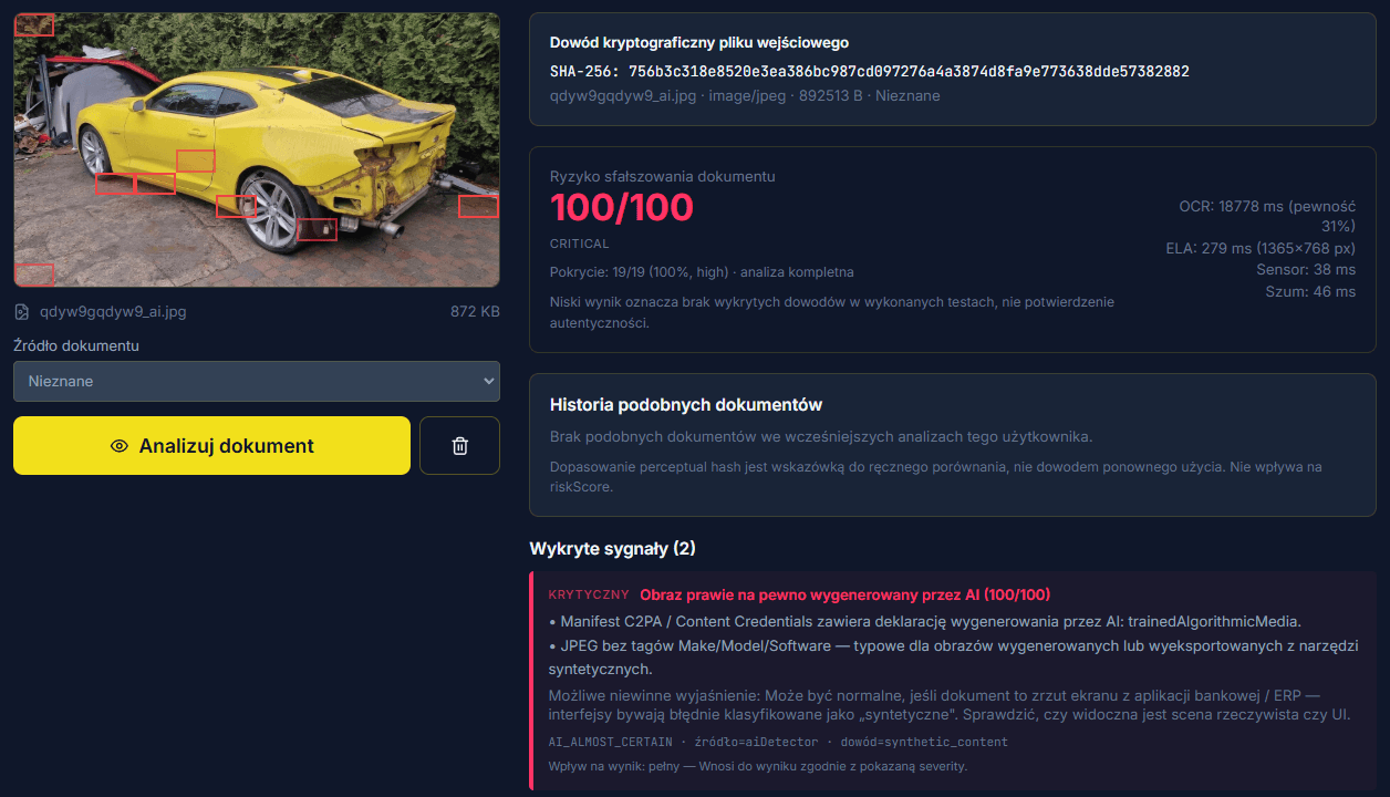 Analiza dokumentu w platformie: ocena ryzyka sfałszowania, wykryte sygnały i dowód kryptograficzny pliku